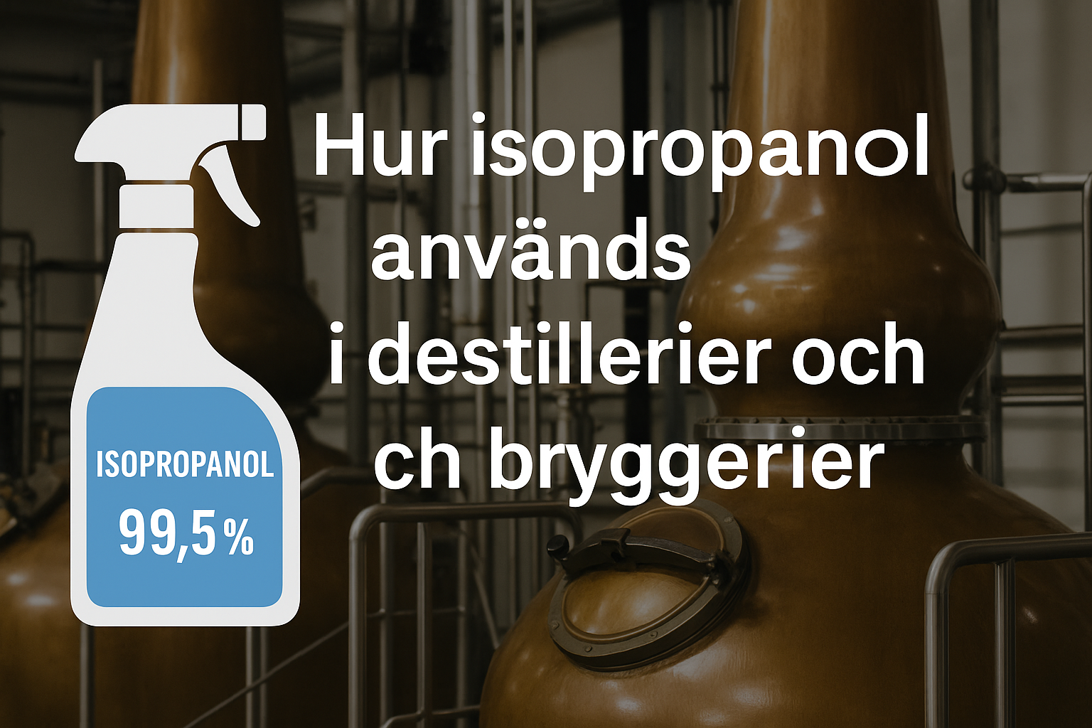 Hur isopropanol används i destillerier och bryggerier”. I bakgrunden syns kopparpannor i ett destilleri, och i förgrunden en sprayflaska märkt ”Isopropanol 99,5 %